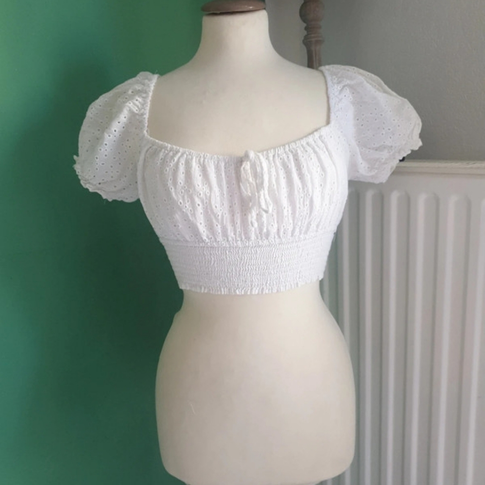 White Eyelet Puff Sleeve Crop Top